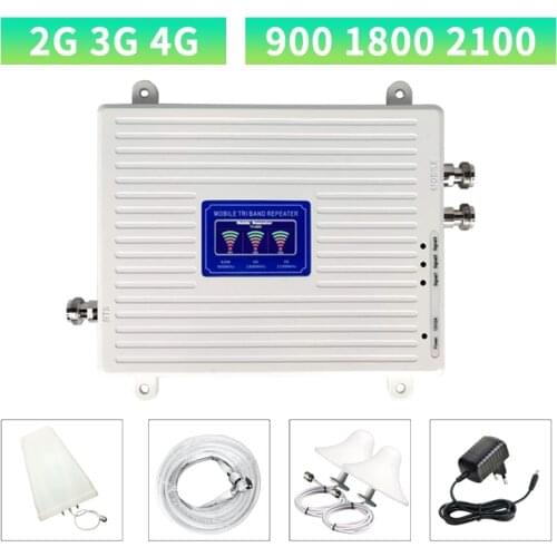 900 1800 2100 Tri Band 2G 3G 4G Signal Booster Cellular Repeater GSM DCS WCDMA Mobile Signal Amplifier 2 Indoor Antennas Set