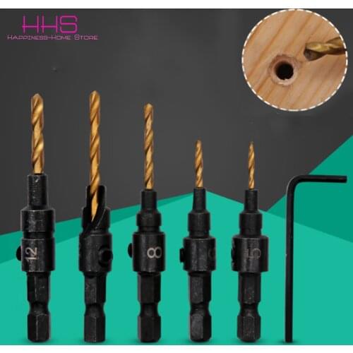 HHS 5/4Pcs set HSS Hex Shank Screw Woodworking tools Countersink Drill Bit Set 1/4 Quick change Carpentry Reamer Chamfer Mill