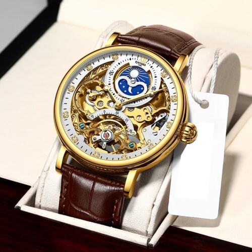 KINYUED Skeleton Watches Mechanical Automatic Watch Men Tourbillon Wristwatch Moon Gold Waterproof Clock Male Relogio Masculino