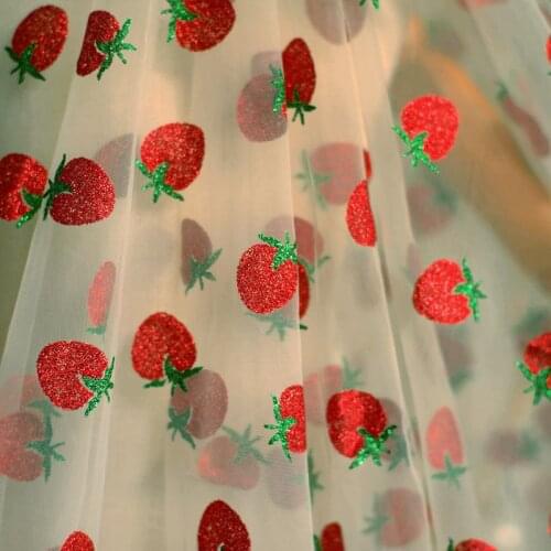 Fashion Hot Drilling Strawberry Tulle Fabric Dress Mesh Embroidery Lace Fabric DIY Curtain Decoration Net Gauze Fabric