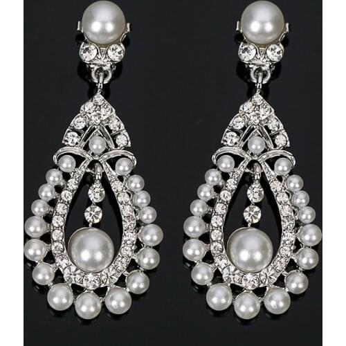 Fashion Wedding Earrings With Pearls Drop Earring Silver Plated Crystal Dangle Earrings Jewelry Charm Gift for Women #e204