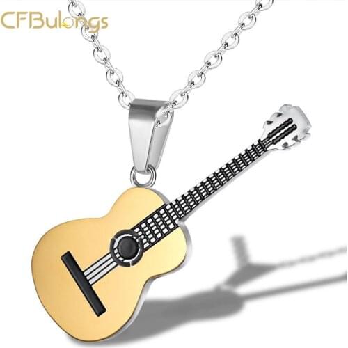 CFBulongs Stainless Steel Fashion Jewelry Rock Guitar Pendant Necklace Personality Creative Music Element Mens Necklace
