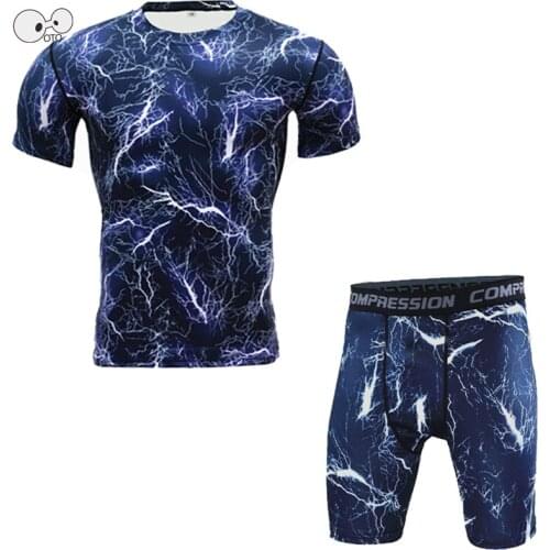 2020 Fitness Men Camouflage Compression Running Sets Short Sleeve T Shirt+Shorts 2Pcs Sports Suit Quick Dry Bodybuilding Clothes