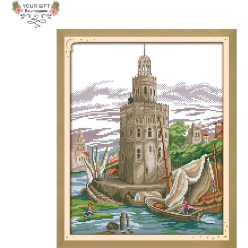 Joy Sunday Castle Home Decor F568 14CT 11CT Counted Stamped Seaside Castle Needlepoint Embroidery DIY Cross Stitch kit