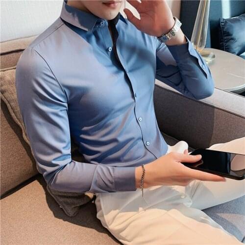 2021 New Ice silk Mens Shirts Long Sleeve Casual Slim Fit Men Dress Shirts Solid Color Formal Business Social Clothing Blouse