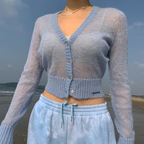 New V-neck Knitted Cardigan Sweater Womens Long-sleeved Thin Section Micro-transparent Sunscreen Cardigan Top Spring Fashion