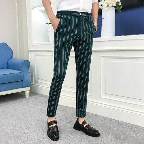 2020 Autumn Stripe Men Dress Pants Black Green Mens Pants Fashions Streetwear Men Skinny Fit Men Trousers Pantalones Hombre
