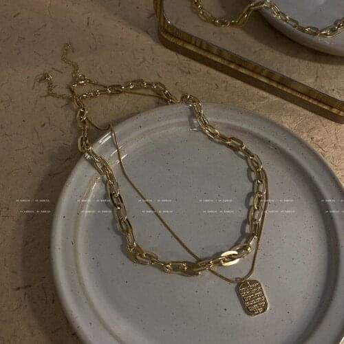 Gold Plated Double Chain Letter Square Pendant Short Necklace For Woman Korean Fashion Jewelry Gothic Girls Choker Chain