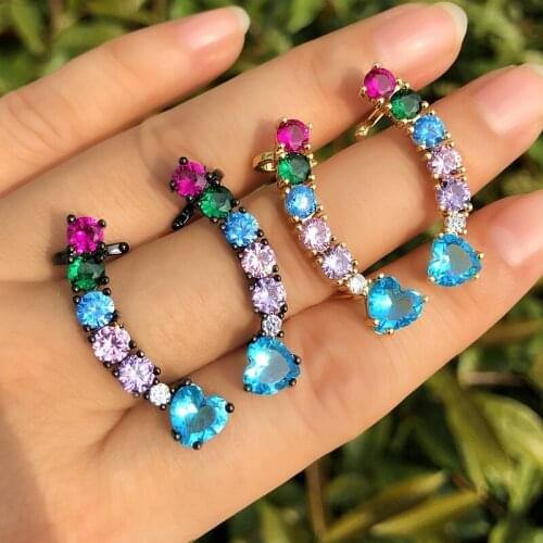 Multicolor Ear Cuff Clip on Earring Round CZ Heart Shaped Stud Earrings Gold color For Women rainbow Crystal Glass stone jewelry