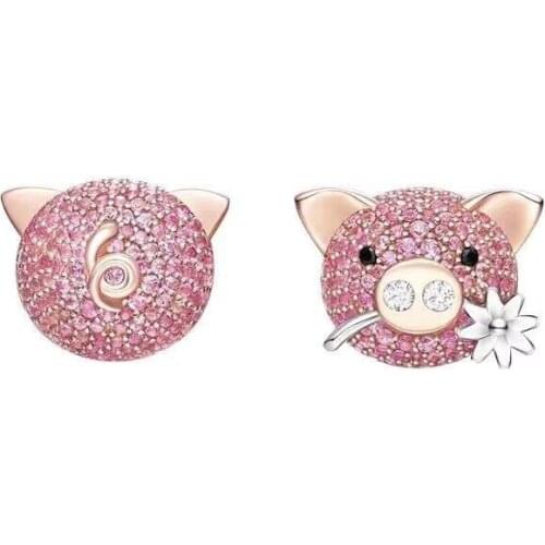 SOELLE Brand Design 925 Sterling Silver Rose Gold Color Pink Piggy Stud Earrings Zircon CZ Fashion Cute Jewelry for Women Girls