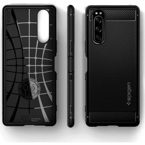 Spigen Rugged Armor 6.1" For Sony Xperia 5 J8210 J8270 J9210 Case Carbon Fiber Matte Black Air Cushion Screen Protection Cover