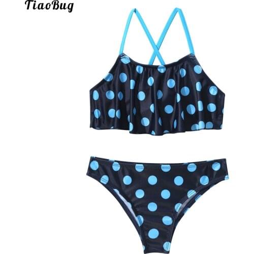 TiaoBug Summer Girls Kids 2Pcs Dots Print Bikini Swimsuit Bathing Suit Flounce Straps Top And Briefs Set Beachwear Swimwear