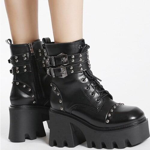 Women Ankle Boots Black Shoes High Platform Winter Short Bota Wedges for Women Rivert Autumn Bootie Gothic Punk Style Boot 2021