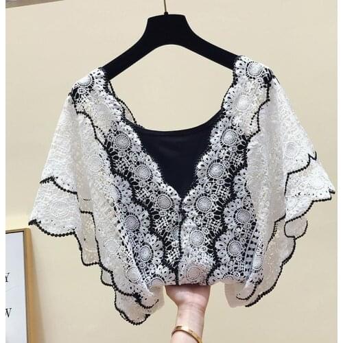 Women 2021 Summer Korean New Fashion Hollow Short-sleeve V-neck Lace T-shirts Top + Sleeveless Suspenders Two-piece Set Y726