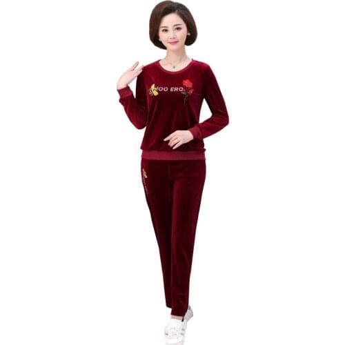 New Women Sets Casual 2019 Rround Neck Gold Velvet Two-Piece Printed Tops Long Trousers Femme Clothing Set Ladies Plus Size