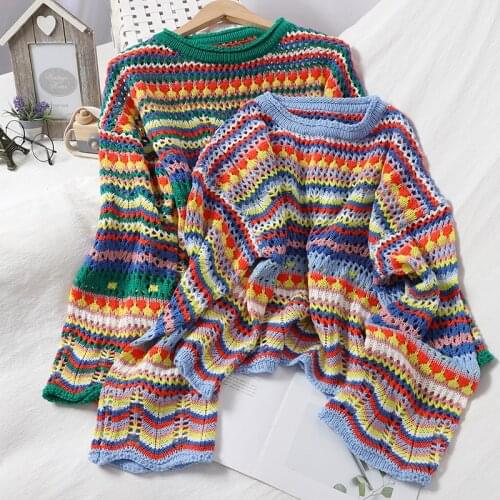 2020 Runway Women Christmas Sweater Autumn Sweet Multi-Color Stripe Pullover O-Neck Slim Hollow Korean-Style Crocheted Tops