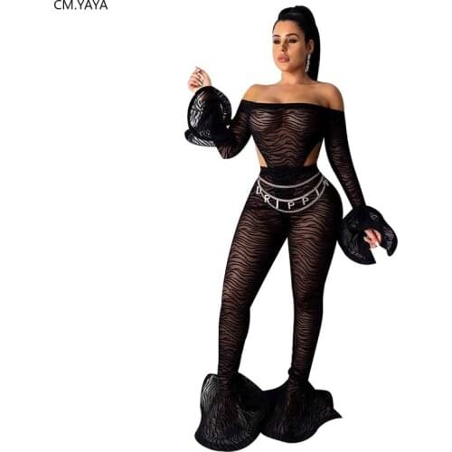 Winter Womens Set Mesh See Through Tracksuits Slash Neck Bodysuit Pants Suit Print Ruffles Sexy Two Piece Set Outfits K9547