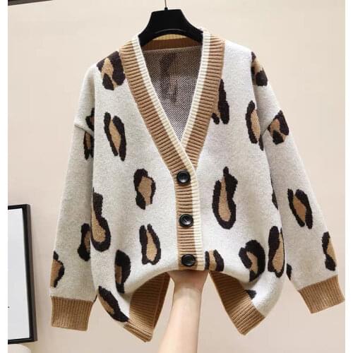 Autumn Oversized Women Cardigan Sweater V Neck Button Tracksuits Leopard Knitted Jumper Korean Fashion Loose Jumper Top Coat