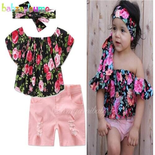 Babzapleume 2017 Summer style baby girls clothing sets fashion flowers t-shirt+shorts kids clothes for children suit 3pcs BC1497