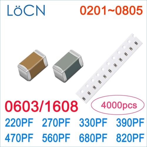 4000PCS 0603 1608 X7R 220PF 270PF 330PF 390PF 470PF 560PF 680PF 820PF RoHS 25V 50V 5% 10% Capacitor High Quality
