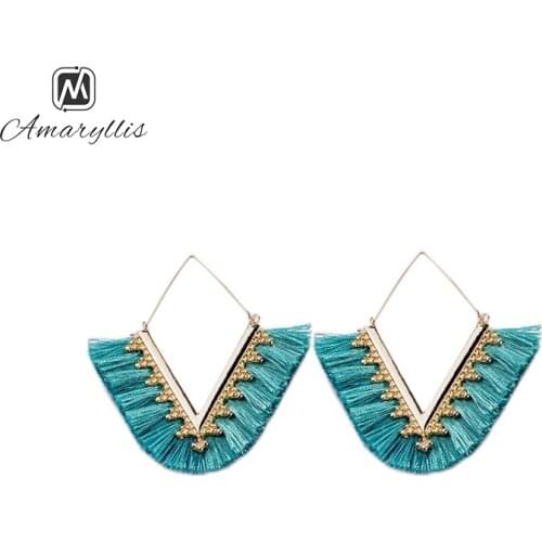 Amaiyllis Bohemia Tassel Fringe Fishhook Dangle Earrings For Women Big Geometric V Shaped Drop Earrings Exquisite Gift Brincos