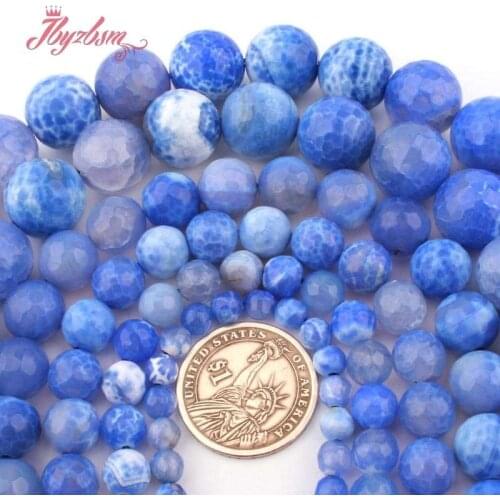 6,8,10,12mm Round Bead Blue Faceted Craceked Fire Agates Stone Beads For DIY Necklace Bracelets Jewelry Making 15"