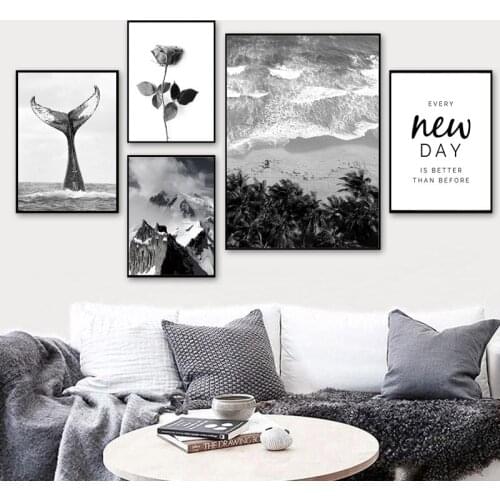 Black and White Modern Canvas Painting Landscape Moutain Forest Wall Art Prints for Interior New Day Quote Picture for Home