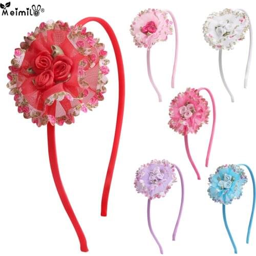 Memile big flower headband for kids headwears with satin rose girls ribbon flower floral hairbands mesh made