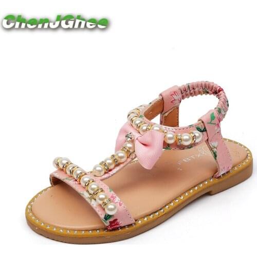 2021 New Fashion Girls Sandals Summer Shoes PU Leather With Flowers Prints Pearl Beading Open-toe Shoes Kids Sandals T-strap