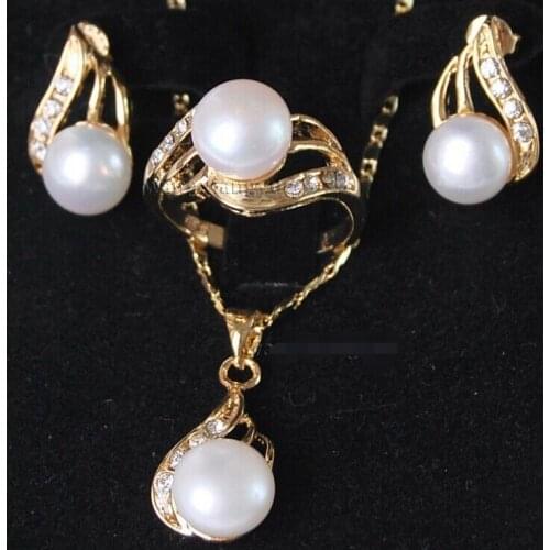 Genuine White Akoya Cultured Pearl ring earrings Necklace Pendant Set AAA^^^@^Noble style Natural Fine jewe FREE SHIPPING