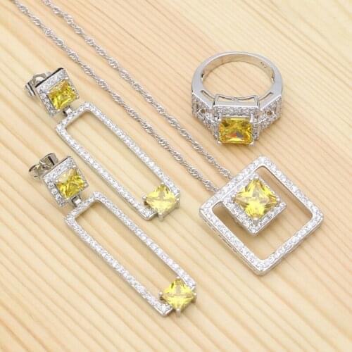925 Sterling Silver Bridal Jewelry Sets For Women Yellow Cubic Zirconia Long Earrings Pendant Ring Necklace Set