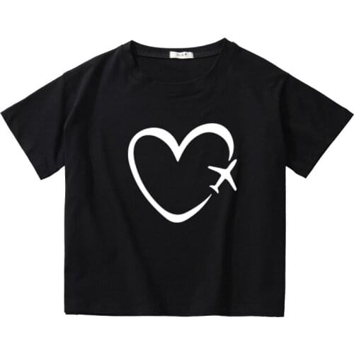 Flying Love Plane Printed Women Summer Crop Tees Breathable Cotton Top Girl O-Neck T-Shirt Kids Short Sleeve Casual Short Tops