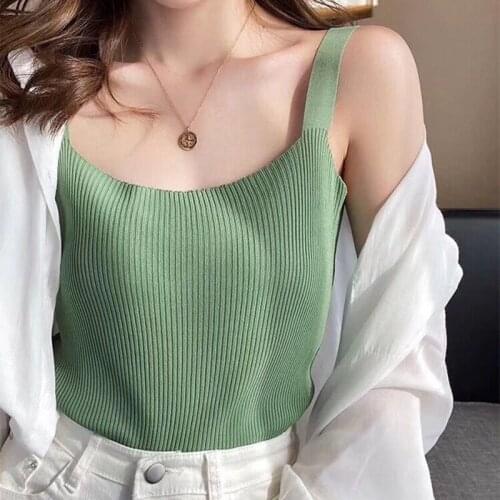 Women Tank Tops Knitted Vest Ice Silk Sleeveless Tops Strip Sexy Camis Solid Casual Summer Wide Boat Neck Ladies Clothing