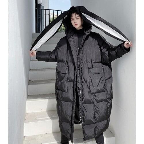 Winter Mens Stylish Thick Warm Hooded With Long Cartoon Ears Puffer Parka Coat Oversize Outwear Black White M40