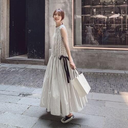 Womens dress, long, tall, one-piece dress, temperament, round neck, loose mid-length, temperament, striped sleeveless dress