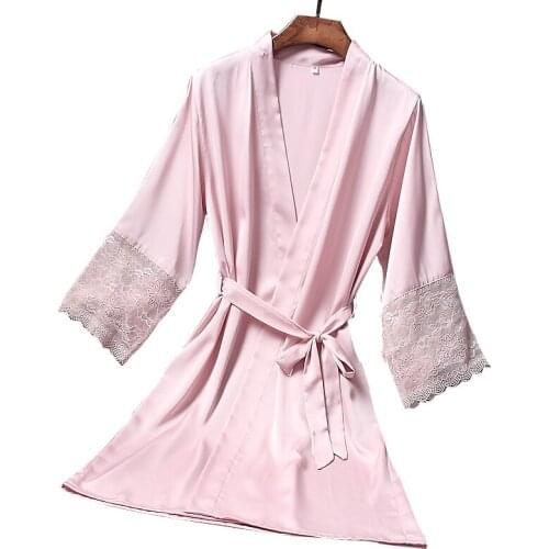 Pink Wedding Bride Bridesmaid Dressing Robe Female Sweet Lace Trim Bathrobe With Belt Spring Summer Satin Home Dress