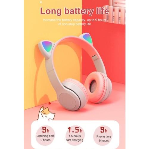 LED Cat Ear Wireless Headphones 5.0 Bluetooth Earphone Kids/Girl Gift Headset 3.5mm With Mic Noise Cancelling For Learn Music