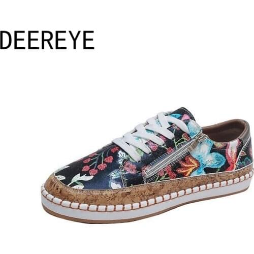 Factory Price Women Nationality Sneakers Floral Printed Laces Female Round Toe Platform Flat Vulcanized Casual Shoes Size 35-43