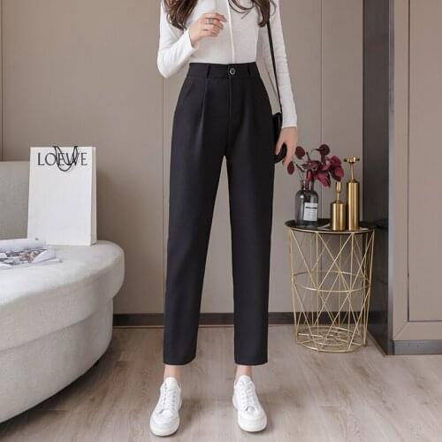 2021 Autumn Fashion Pants Womens Casual Loose Button Fly Pockets Solid Flat Straight High Black Pants for Women Korean 0828