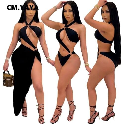 CM.YAYA Women Two Piece Set Solid Sleeveless Halter Hollow Out Bodysuits Matching Drawstring Long Skirts Sexy Night Club Clothes