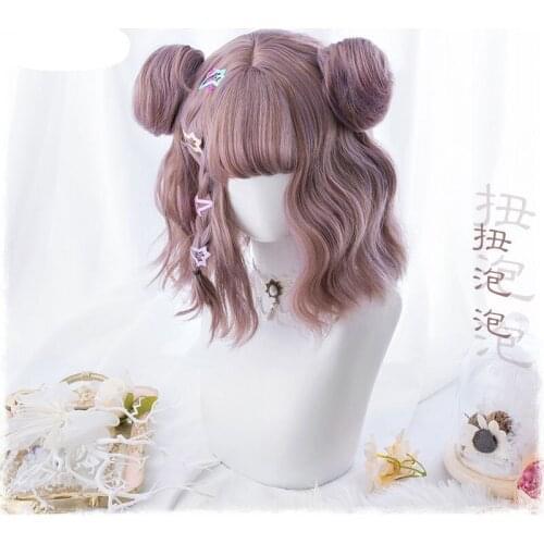 New Harajuku Kawaii Lolita Daily Gothic Short Curly Hair Cosplay Costume Wig For Womens Halloween Party With Buns+ Wig Cap