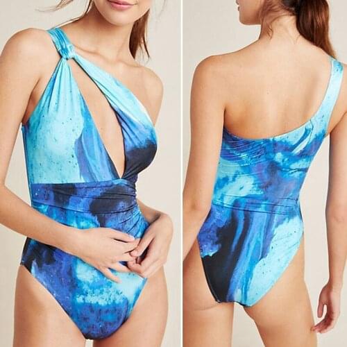 Womens Tie-Dye Printed One-Piece Swimsuit European and American New Sexy One-Shoulder Bikini One-Piece Swimsuit Blue