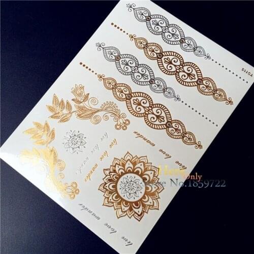 1PC Poplar Flash Metallic Temporary Tattoo Sticker Gold Silver Henna Indian Chain Sun Flower Body Makeup Jewel Waterproof Tattoo