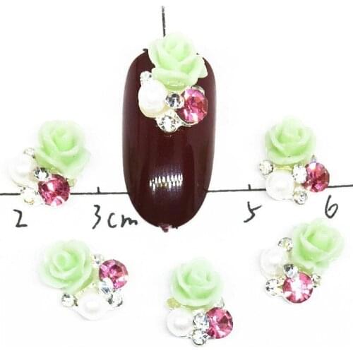 3Pcs Luxurious Nails Pearl Rhinestones Mix Beads Nail Art Jewelry Green Flower Accessoires 3d Charms Rose Red Gems Supplies Diy
