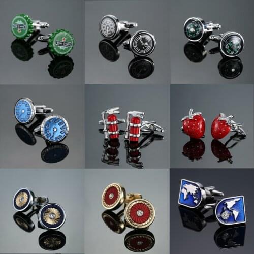 Free delivery, 18 brand new fashionable mens shirt brand jewelry cufflinks Strawberry / map / compass / Crystal cufflinks