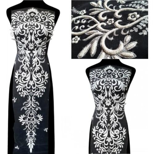 LONG White Frence Fabric Lace Trimmings 29x116cm Sequins Patches Designs Appliques For Prom Ball Gown Wedding Dress Costumes Diy