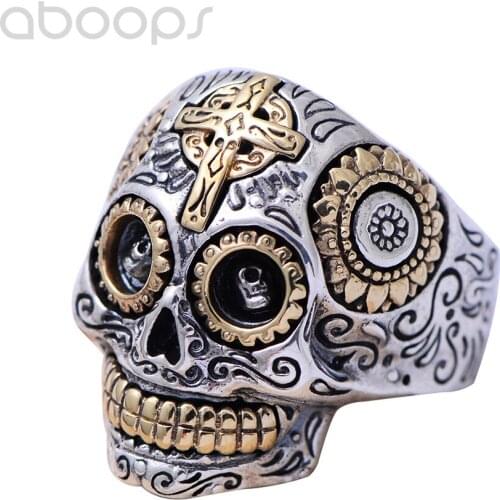 Two Tone 925 Sterling Silver Sugar Skull Ring,Biker Ring with Gold Cross for Men Boys,Size 8.5-13,Free Shipping