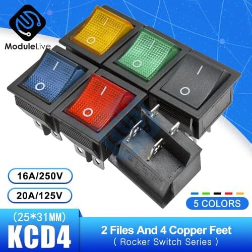KCD4 Rocker Switch Power Touch On/off Switch 2 Positions 4Pins Feets Ship Type with light 16A 250V 30A 125V 25*31mm