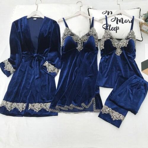 New 4PCS Women Pajamas Sets with Pants Ladies Nightgown Bathrobe Sexy Pyjama Velvet Homewear Negligee Sleepwear Pyjamas Clothing