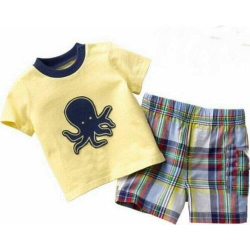 Summer Children Suits Girls Yellow Jellyfish Short Sleeve T-Shirt+ Grid Shorts 2Pcs Sets Baby Pajamas Clothes Suits Housewear